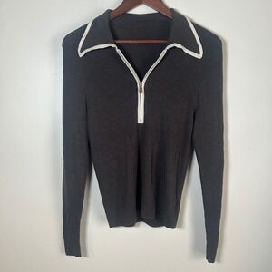 Wool Silk Blend Ribbed Knit Quarter Zip Sweater Dark Brown Long Sleeve Collared